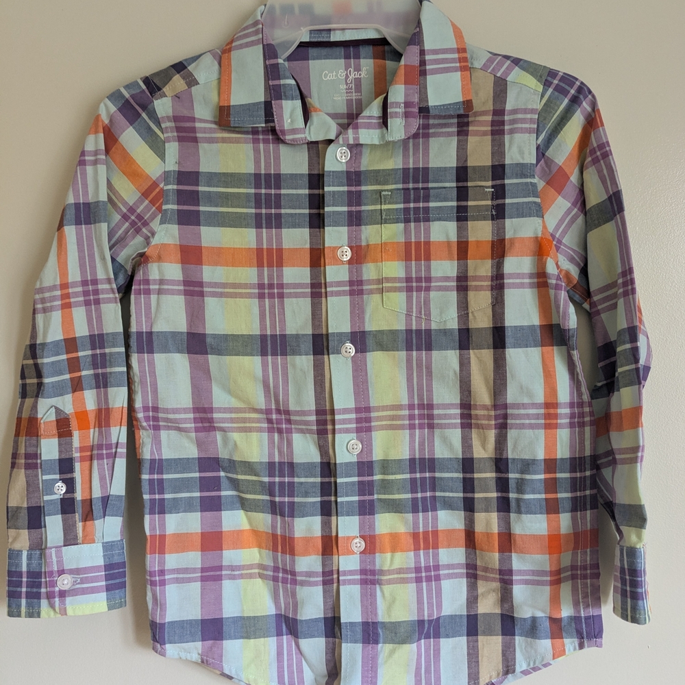 Cut & Cloth Plaid Button-Down Shirt in Purple, Orange & Light Green